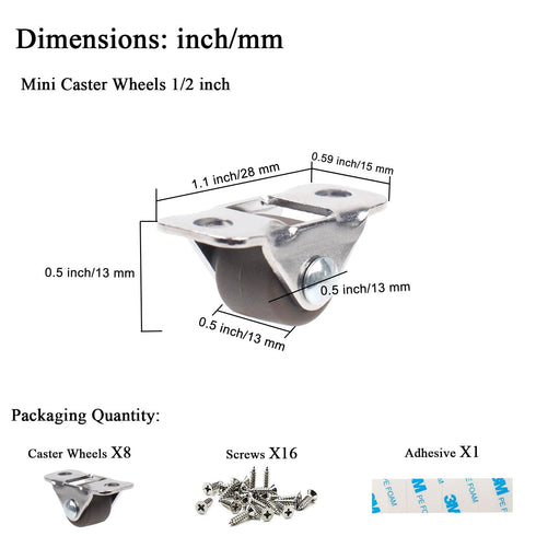 Mini Caster Wheels 0.5 Inch Low Profile Fixed Casters with Screws, 8 Pack for Small Appliances Furniture
