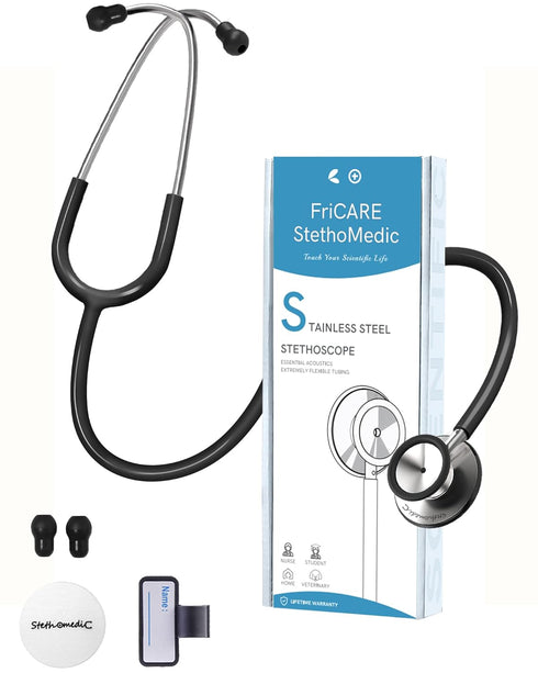 FriCARE Dual Head Stethoscope for Nurses, Medical Students, Paramedics, FSA/HSA Eligible Estetoscopio (Black Tube)