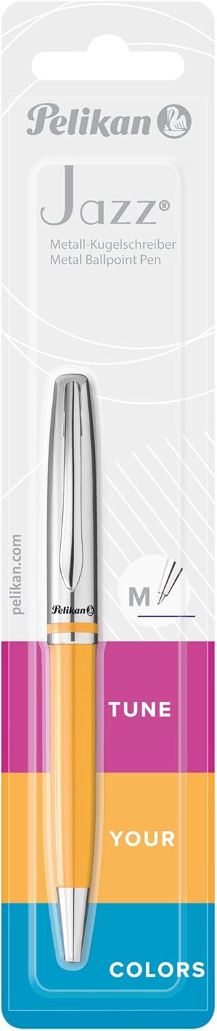 Pelikan Jazz Classic Ballpoint Pen - Medium Nib, Blue Ink Refill Included, Metal, Mustard, Blister Card, 1 Each (815055)