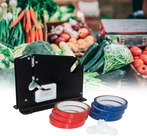 Steel Tape Bag Sealer with Trimmer, 6 Rolls of Tape, Heavy Duty Dispenser for Ground Meat, Fruit, Greens