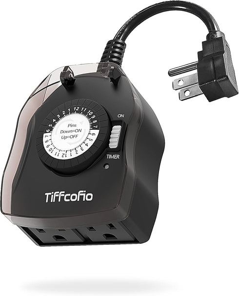 Outdoor Timer Outlet, 24 Hour Mechanical Timer for Pool Pump, Outdoor Light Timer Waterproof with 2 Grounded Outlets