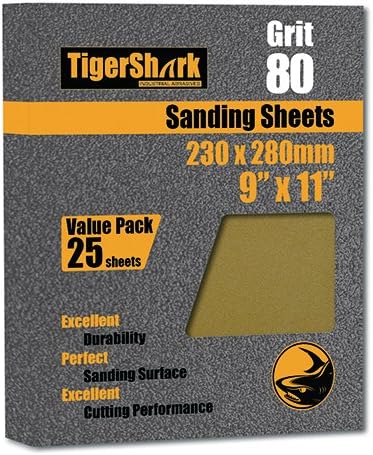 TigerShark 9 inch by 11 inch Sanding Sheets, Grit 80, 25pcs Pack Paper Gold Line Anti Clog Coating