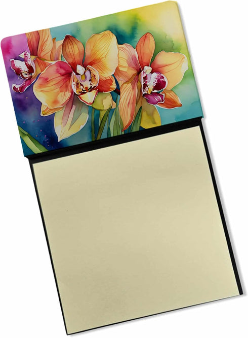 Caroline's Treasures Orchids in Watercolor Sticky Note Holder, Refillable Dispenser, Memo Pads