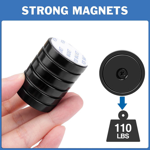 TRYMAG 3 Pack Black Rare Earth Magnets with Holes, 110lbs Strong Neodymium Cup Magnets with Adhesive Backing for Wall