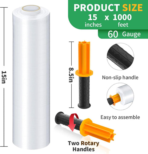 HERKKA Stretch Film with Handles - Industrial Strength Moving Plastic Wrap, 15" x 1000 Feet, 3 Pack, 60 Gauge