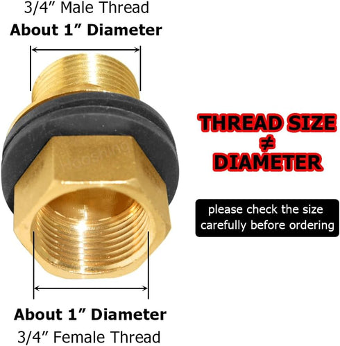 Hooshing Brass Bulkhead Fitting 3/4“ Male x 3/4" Female Thread Connector for Water Tanks, Aquariums, Pools