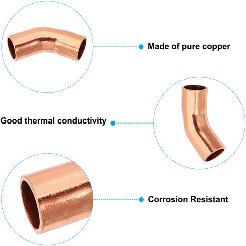 PATIKIL 1/4" ID 0.8mm Thick Elbow Copper Fitting, 5pcs 99.9% Pure Copper 45 Degree Pipe Fitting