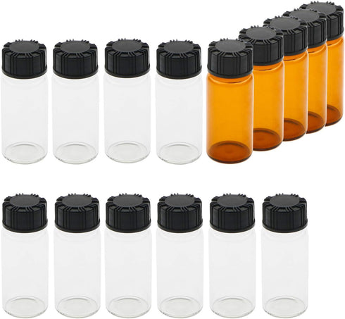 Clear and Brown Glass Vials - Liquid Sampling Sample Bottles, Screwcap Lab Capacity 10 ml (Pack of 15)