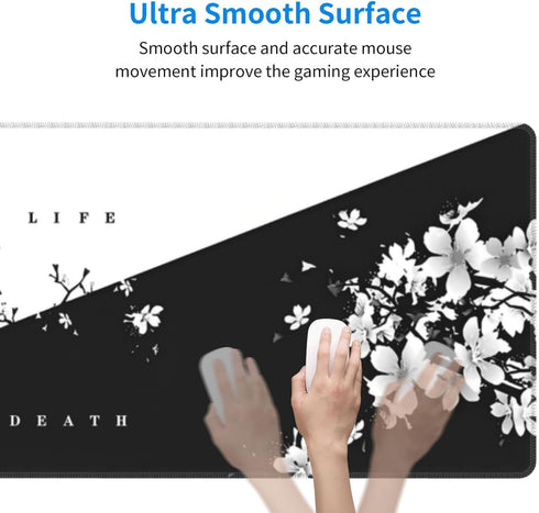 Japanese Life Death Keyboard Mat, Black White Anime Gaming Mouse Pad with Anti-Slip Rubber Base, Sakura Pagoda Sun
