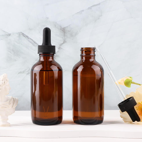 42 Pack 4oz Amber Glass Bottles with Glass Eye Droppers for Essential Oils, Perfumes, Lab Chemicals, Extras Included
