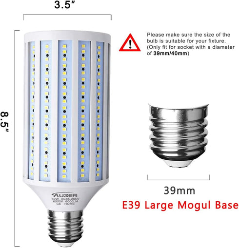 60W LED Corn Light Bulb, Large Mogul E39 Base, 6000-Lumen, 6500K Daylight Cool White,LED Corn Bulb for Large Area Garage Factory Warehouse Barn Shopping Mall Supermarket AC85V-265V by Auzer