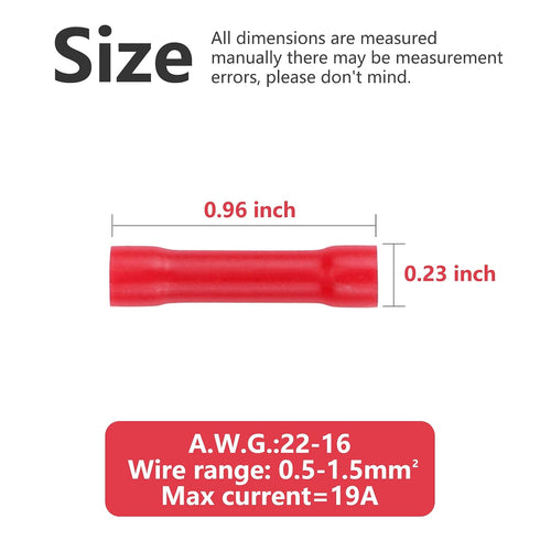 120pcs Red Butt Splice Crimp Connectors, (22-16) AWG Insulated Electrical Wire Crimp Butt Splice Terminals