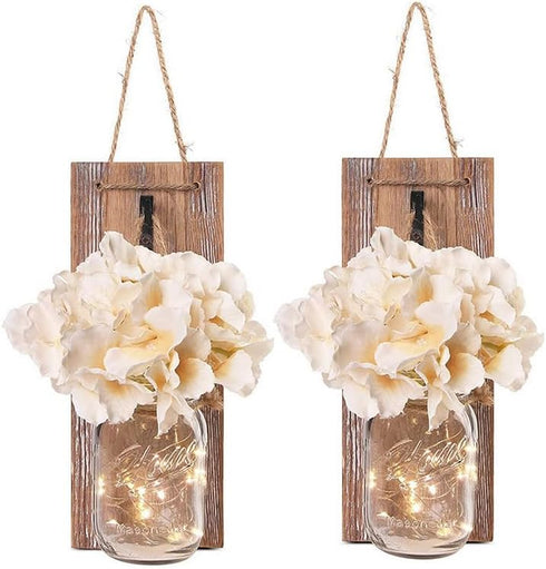 2 Pack, Mason Jar Wall Decor -Rustic with Hydrangea Flowers - Rustic Farmhouse Wall Sconces, Easy Installation (Khaki