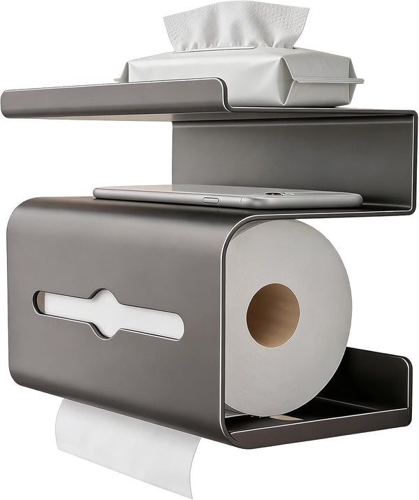 Ovatheria Dark Gray Multi-Tier Toilet Paper Holder with Shelves, Self-Adhesive 3-Tier Tissue Roll