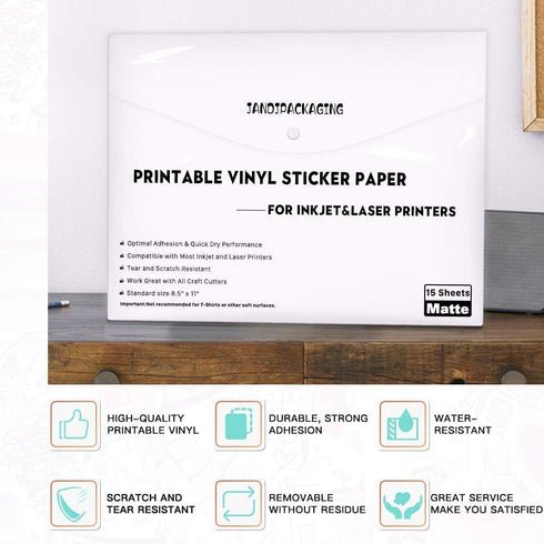 JANDJPACKAGING Printable Vinyl Sticker Paper - Waterproof for Laser & Inkjet Printer 15 Self-Adhesive Sheets - Matte
