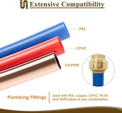 1/2" Push to Connect Tee Brass Plumbing Fitting for PEX, Copper, CPVC Pipe with Upgraded Stiffener (6 Pack)
