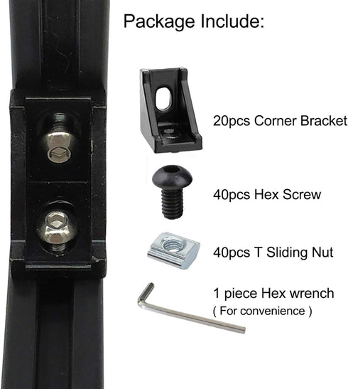 20Sets 2020 Aluminum Extrusion Profiles Corner Brackets 20 Series 90deg Right Angle Black L Connectors wtih T Slot Nuts and Bolts for 1/4 20/20 V T Slot Rail Perfil Extruded Aluminum Connect