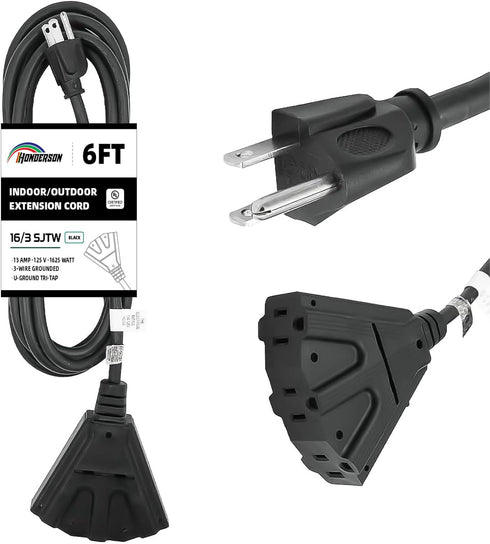 6FT Outdoor Extension Cord with 3 Electrical Power Outlets - 16/3 Durable Black Cable with 3 Prong Grounded Plug for