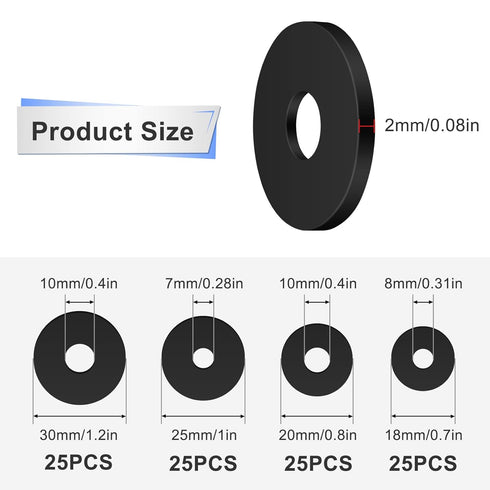 100pcs Flat Rubber Washers Assortment Kit, Heavy Duty Black Rubber Grommet for Household Appliances and Car Accessories