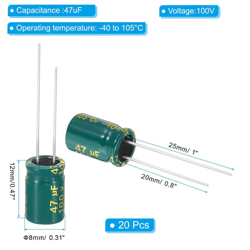 100V 47uF 20Pcs 8x12mm PATIKIL Electrolytic Capacitors, Aluminum High Frequency Electrolytic Capacitors for TV, LCD