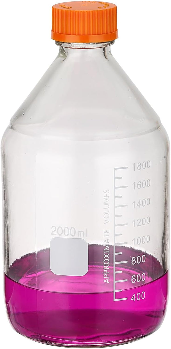 PATIKIL 1 Pack Reagent Media Storage Bottles, 2000ml Borosilicate Glass Graduated Round Bottles for Lab
