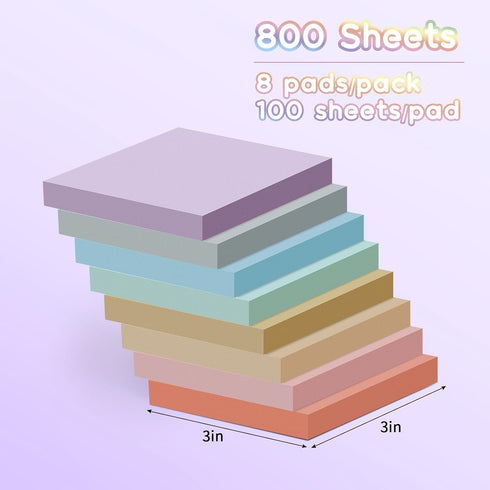 EOOUT Pastel Sticky Notes - 8 Pads, 3x3 Inches, Super Adhesive Self-Stick Note Pads, 100 Sheets/Pad
