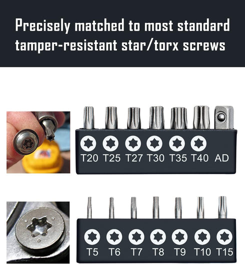 ROTATION 14-Piece Tamper Resistant Star Bits, Chrome Vanadium Steel, T5 - T40 Impact Grade Security Torx Bit Set
