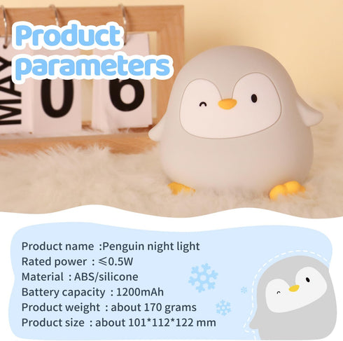 50H/12H 30-Min Dimmable Penguin Silicone Night Light, Long Battery Life Touch Lamp with Auto-Off Timer, Soft Glow