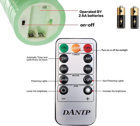 danip 3 10-Key 24-Hour Green LED flameless Candle with Embedded Starlight String, LED Candles, Remote Control, Timer