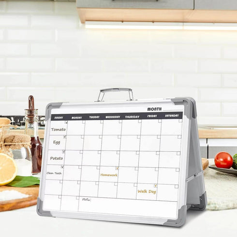 Small Double Sided Magnetic Dry Erase Board with Calendar - Portable Folding Whiteboard for Desktop, Monthly Schedule