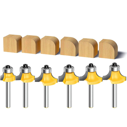 6pcs Set 1/4 Inch 1/8", 3/16", 1/4", 5/16", 3/8", 1/2" Roundover Router Bit Shank, Carbide Tip Rabbeting Router Bits