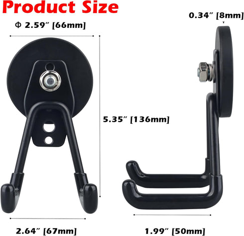 MUTUACTOR 2PCS Heavy Duty Magnetic Hooks, Double Hook Storage for Garage, Strong Metal Hooks for Cabinets, Drill