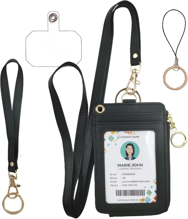 Black Lanyards for ID Badges, PU Leather ID Badge Holder with Clear Window, Credit Card Slots, Phone Holder, Keychain