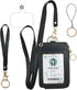 Black Lanyards for ID Badges, PU Leather ID Badge Holder with Clear Window, Credit Card Slots, Phone Holder, Keychain