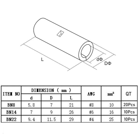 40 Pcs Non Insulated Butt Connectors Kit AWG 4 6 8 Gauge Uninsulated Butt Connectors Electrical Wire Crimp Ferrule Terminals