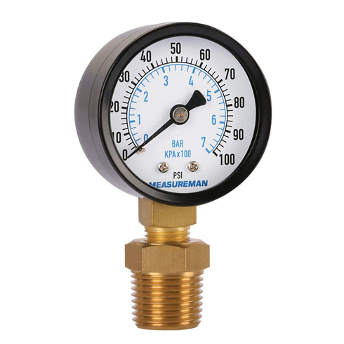 Measureman 2" Well Pump Pressure Gauge, 0-100psi/bar, 1/4" NPT Male with 1/2" NPT Adaptor