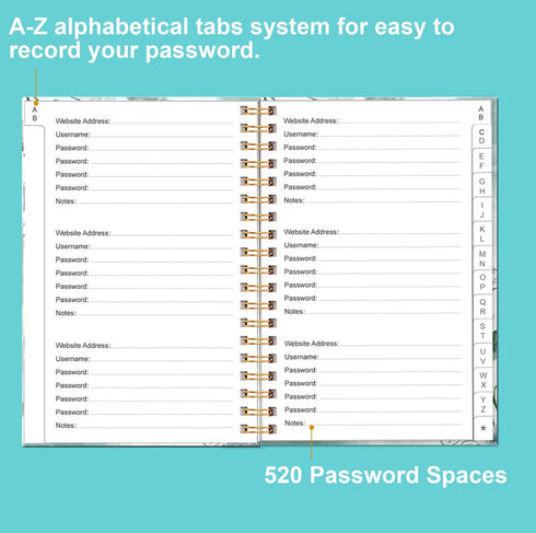 Simplified Password Book with Alphabetical Tabs, Small Pocket Size Password Keeper Journal for Computer Logins (Teal)