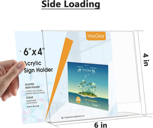 MaxGear 4X6 inches Slant Back Acrylic Sign Holders, Clear Plastic Display Stand for Office, Home, Store, Restaurant, 6