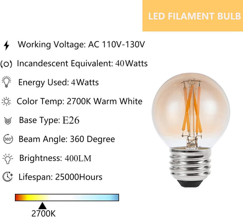 Amber Light Bulbs 40 Watt Equivalent Vintage Light Bulbs Warm White 2700K, E26 LED Bulb G16.5 Globe Dimmable Amber Light Bulbs, 4W LED Decorative Edison Light Bulb Amber Glass, 6Pack by Sunaiony