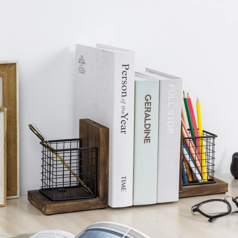 MyGift Rustic Burnt Wood Decorative Bookends with Matte Black Metal Wire Basket for Office Supplies, 1-Pair