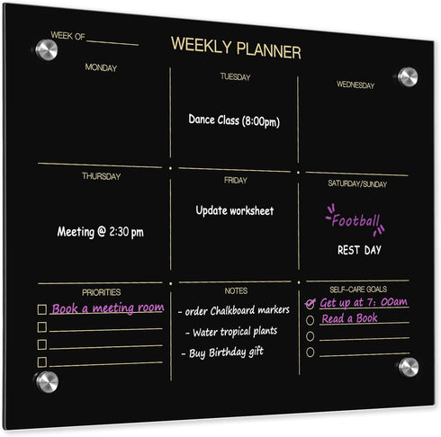 Okydoky 12" x 16" Black Glass Dry Erase Whiteboard, Frameless Weekly Board for Home, School, Office