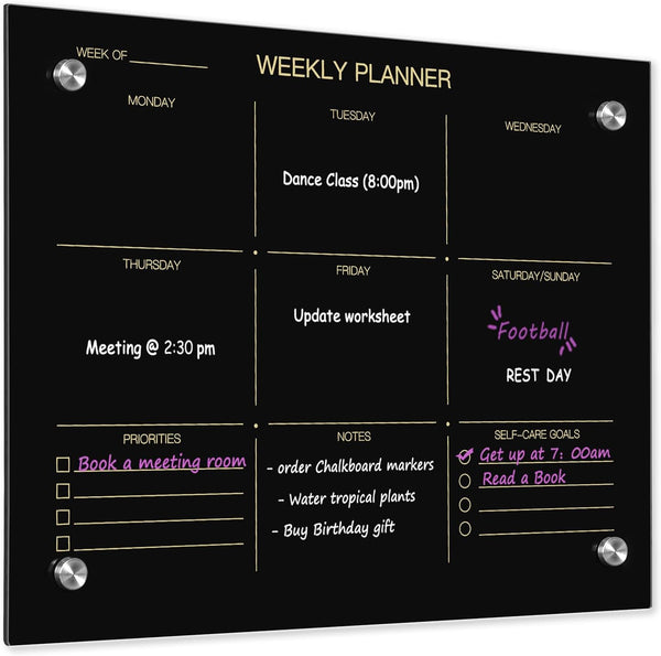 Okydoky 12" x 16" Black Glass Dry Erase Whiteboard, Frameless Weekly Board for Home, School, Office