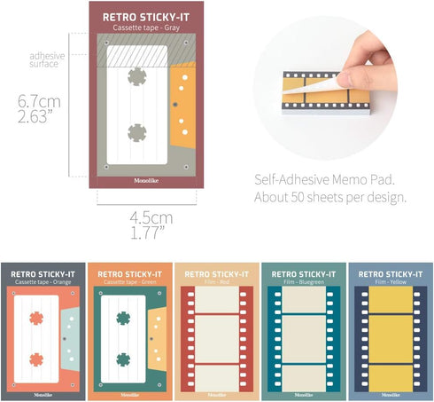 Monolike Retro Cassette Tape + Film Sticky-It 6p Set, Self-Adhesive Memo Pad, 50 Sheets for Daily Sticky, Diary, Memo