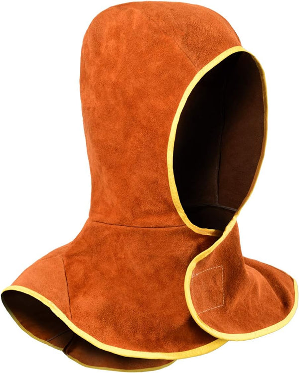Welding Hood Leather, Cowhide Split Leather Caps with Neck Shoulder Drape for Men & Women, Brown
