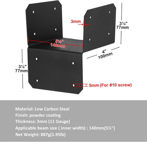 4 Pcs Black Joist Anchor Connector for 6×6 Post, 11 Gauge Adjustable Post Cap Roof Tie Header Hanger