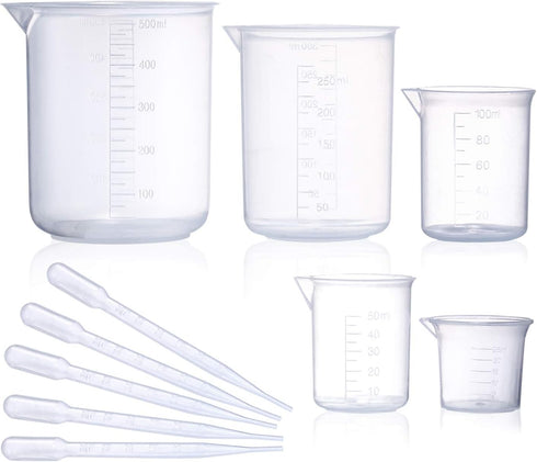 Plastic Beaker Set, 5 Sizes Low Form Graduated Polypropylene Beakers for Laboratory & Science