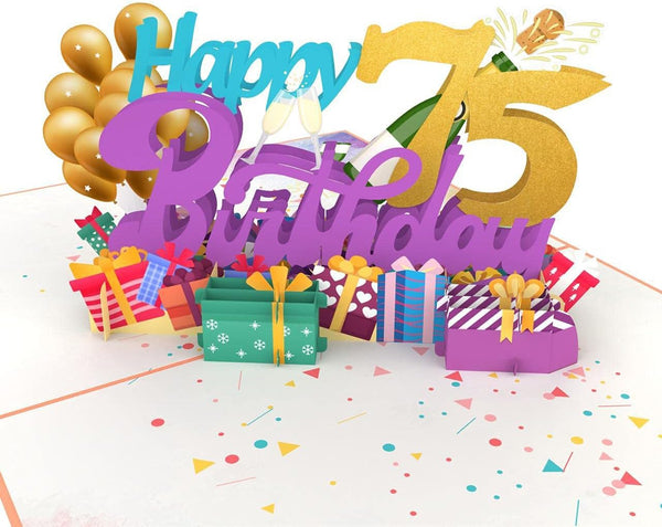 Liif Happy 75th Birthday 3D Greeting Pop Up Card, 75 Birthday Card for Women, Men, with Balloon and Champagne Design