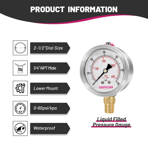 0 to 60psi Glycerin Filled Pressure Gauge, 2.5" Dial Size, Stainless Steel Case, with Vent Valve, 1/4" NPT Lower Mount, 2-1-2% Accuracy, for Water Pump, Pool Filter, Gas, Pressure Test