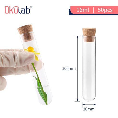 Glass Test Tubes Bulk 50pcs,16ml 20x100mmTest Tube with Cork and Brush, TTGS01A50