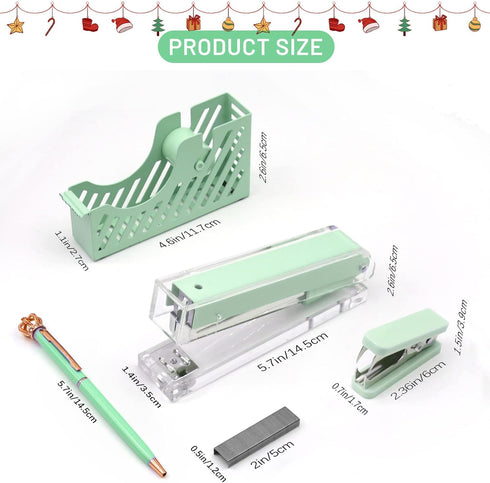 Green Desk Accessory Kit, Acrylic Stapler Set, Office Supplies Set for Women and Student, with Tape Dispenser, Staple Remover, Ballpoint Pen, 1000 Staples, Gift Bag and Gift Boxes